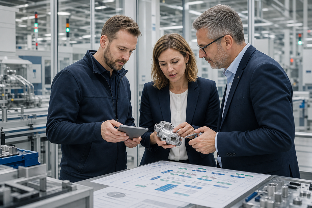 Qualitätsmanagerin und technische Führungskräfte analysieren ein Bauteil und optimieren Produktionsprozesse – AI GENERATED
