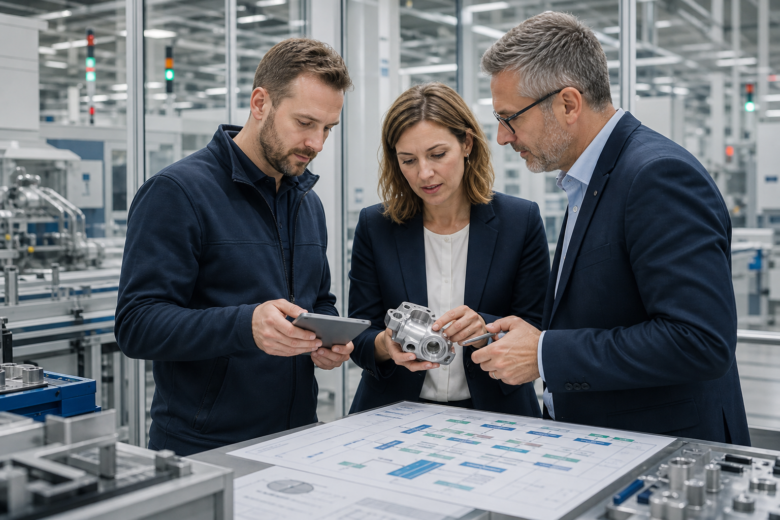 Qualitätsmanagerin und technische Führungskräfte analysieren ein Bauteil und optimieren Produktionsprozesse – AI GENERATED