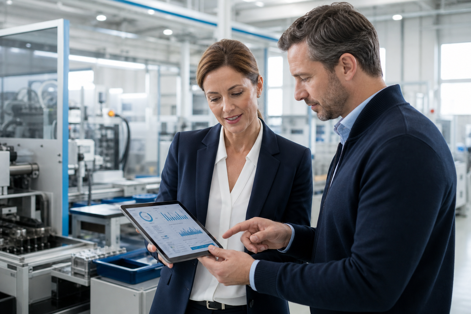 Qualitätsmanagerin und Produktionsspezialist prüfen Prozesskennzahlen in einer modernen Fertigung