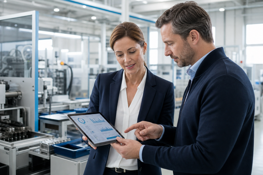 Qualitätsmanagerin und Produktionsspezialist prüfen Prozesskennzahlen in einer modernen Fertigung