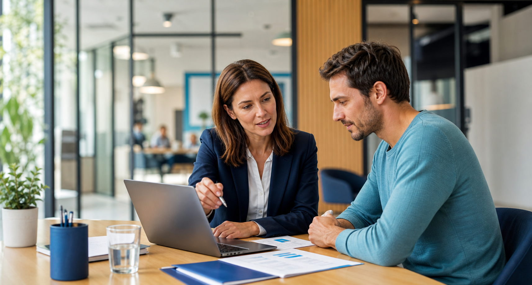 Arbeitsvermittlerin und Weiterbildungssuchender besprechen ein berufliches Qualifizierungsziel